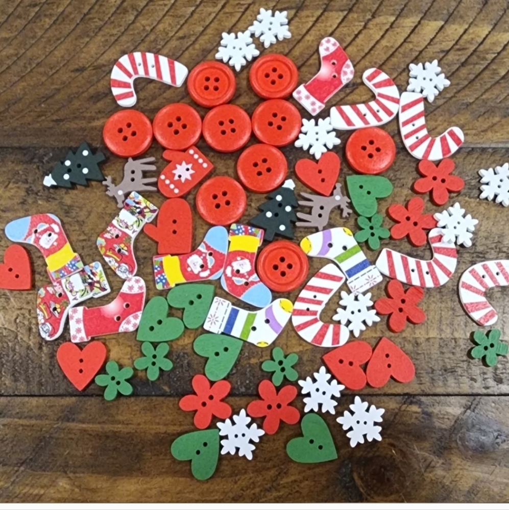 62 pc Christmas buttons. GREAT addition for your Christmas sweaters.